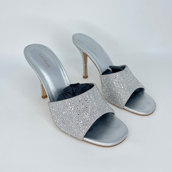 Larroude Colette Crystal & Suede Mule Heels w. Rhinestones in Silver Gray 9 - Picture 4 of 14